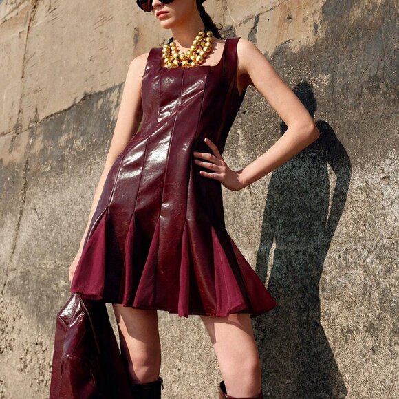 Burgundy Shiny Pu faux Leather Patch Mesh Splicing dress w/Jacket set - Picture 6 of 8